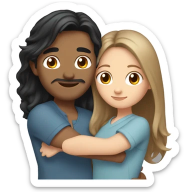 Friends hugging each other. Indian man with black hair. White woman, blue eyes and long light brown hair sticker