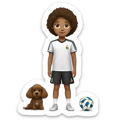 uma menina com cabelo castanho e liso olhos castanho pele bege com a camiseta do real Madrid e um cachorro sticker