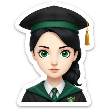 genevieve gaunt is Pansy Parkinson in harry potter, wear hogwarts slytherin uniform, black hair, not wearing hat sticker