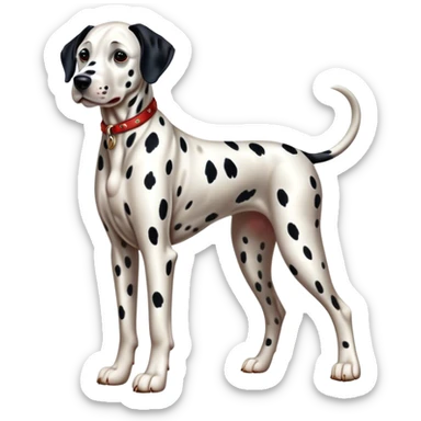 Cinematic Realistic full-body portrait of a Dalmatian dog, rendered with glossy, meticulously detailed spotted fur and expressive, alert eyes, set against a clean, neutral backdrop that highlights its regal and athletic stance. sticker