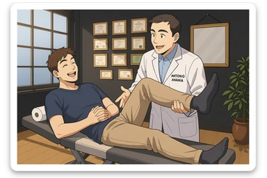 su questo lettino rappresenta un webtoon manga a colori con questo stile, in cui un uomo è steso sul lettino medico e il kinesiologo con il camice bianco (fagli anche la scritta "ANTONIO ANANIA" SUL CAMICE, gli solleva una gamba per fargli il test neuromuscolare, IL KINESIOLOGO SPIEGA ALL'UOMO UNA cosa mentre gli alza la gamba. l'espressione dell'uomo è felice e soddisfatta, non fare i fumetti però, fai solo in modo che sembri stiano parlando sticker