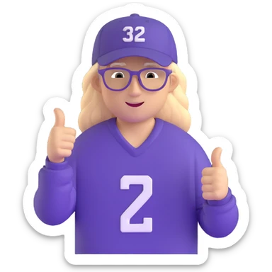 Man with black and white cap, purple sports jersey with number 32, clear glasses, light blond mullet hairstyle, thumbs up sticker