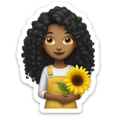 Long black Curly hair Girl holding sunflower sticker