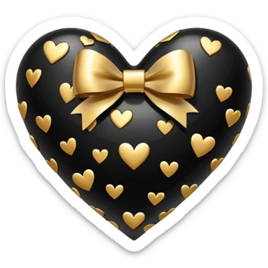 glossy black heart with a gold bow and heart pattern on the bow, in a pointed heart shape sticker