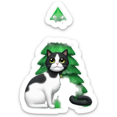 Green christmas tree with a black and white cat hanging off it sticker