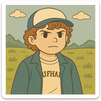 Replace Eleven from the first season with Dustin, keeping a determined expression, simple and delicate line art as in the reference image, colored in pastel tones, with thick and dark outlines, in Ghibli style, square format 1:1. sticker