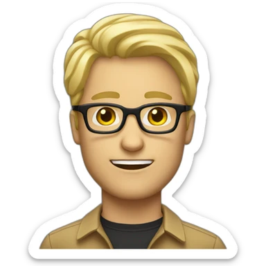 adult man with blond hair with black glasses, without smile, with the body sticker