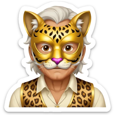 a fat old man, with a vest,  wear half-face golden panther masquerade mask sticker