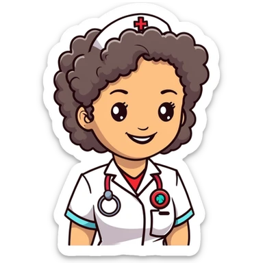Latina nurse with curly hair, smiling, nurse outfit sticker