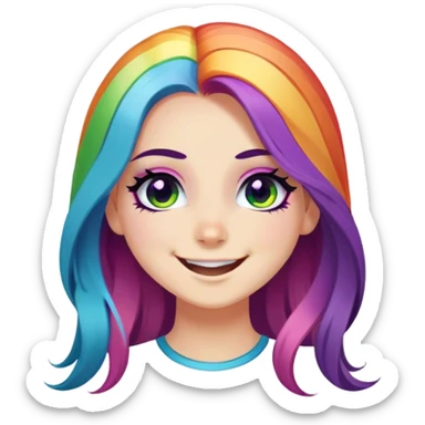 Pretty Girl with black eyeliner and long rainbow hair doing a mischievous smile sticker