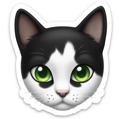 A small tuxedo cat with sleek black fur and a white chest, paws, and belly. It has bright green eyes, long white whiskers, and a white mustache going across its face. sticker