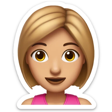 Una mujer de piel bronceada ojo redondos pestañas de muñeca ojos color café, cabello corto estilo Bob con destellos rubios boca fina color rosa. Ceja finas y delicadas orejas derecha con 4 perforaciones y orejas izquierda con 2 perforaciones  sticker