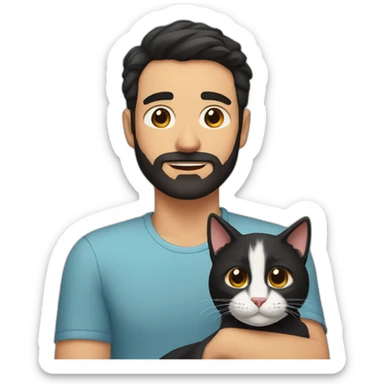 man with short beard hazel eyes and black hair with cat on lap sticker