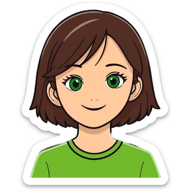 girl with middle and dark brown hair, green eye, happy sticker