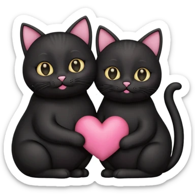 two fat cute black cats love, pink heart, closed mouth, black ears sticker