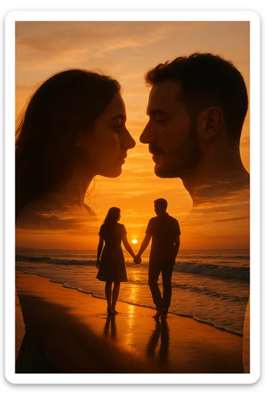 Una doppia esposizione cinematografica di noi di profilo, con un paesaggio di spiaggia al tramonto integrato nella silhouette.
La scena interna ci mostra entrambi camminare sulla sabbia bagnata, tenendoci per mano, con le onde del mare che si infrangono è facile e un cielo colorato dagli ultimi raggi di sole. Atmosfera calda e intima, toni dorati arancioni, dettagli fini ed espressivi, risoluzione 8K. sticker