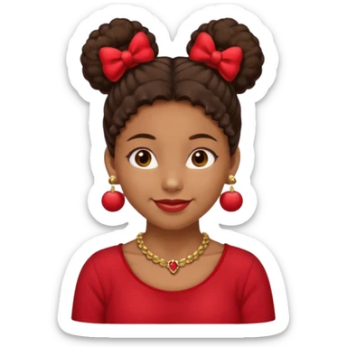 Brownskin girl dark brown hair fluffy.Two buns with red bows brown eyes smiling closed mouth red shirt gold esrrings gold necklace sticker