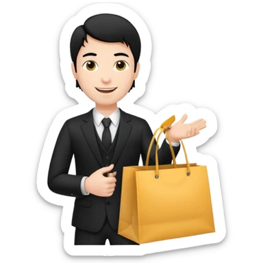 a white man black hair in a black suit with clothing shopping bag sticker
