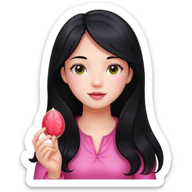 A girl with long black hair holding a piece of guava hard candy sticker