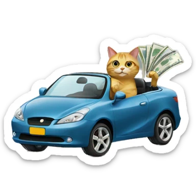 Cat driving a car with money sticker
