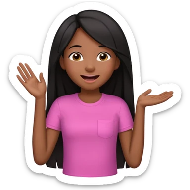 Chocolate brown girl wearing a pink shirt with long straight jet black hair giggling, she has one hand behind her back and one over her mouth  sticker