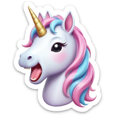 Cinematic Cute Yawning Unicorn Pony Portrait Emoji, Head tilted slightly with a dramatic, wide-open yawn, showcasing a petite, softly glowing form with a gently drooping mane, a subtle, shimmering horn and sleepy, half-closed eyes, Simplified yet irresistibly adorable features, highly detailed, glowing with a soft, cozy pastel glow, high shine, relaxed yet expressive, stylized with a dash of whimsical enchantment, soft glowing outline, capturing the essence of a drowsy yet affectionate unicorn pony that appears ready to stretch and yawn its way off the screen! sticker