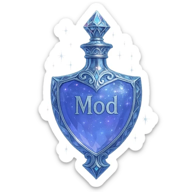 luxurious crystal elixir bottle in shield shape, color #7986cb, ornate silver and iridescent details instead of gold, magical glowing and sparkling effects, very small neck, seamless bottom, transparent background, bottle floating in air, no base or shadow, modern collection style, the word 'Mod' written on the bottle sticker