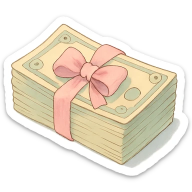 a stack of money in pastel colors, tied with a pastel pink bow, soft and cute sticker