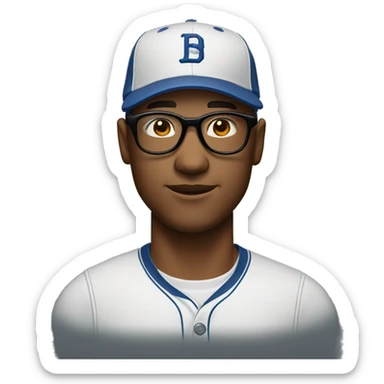 Man with baseball cap, square glasses, bald in mid 40s sticker