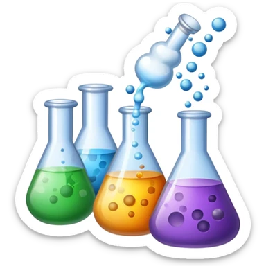 An icon featuring chemical flasks, liquids, powders, and chemical formulas, symbolizing the science of chemistry. The design includes bubbling reactions, molecular structures, and test tubes, representing experimentation and chemical analysis. Transparent background. sticker