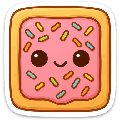 Increase the contrast between the colors on the chibi poptart: make the pink frosting, sprinkles, and crust more vibrant and distinct, while keeping the eyes solid black with white dots and maintaining the transparent background. sticker