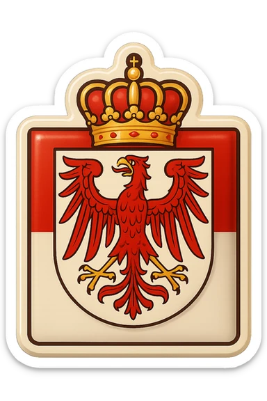 Create an emoji of the Brandenburg coat of arms featuring the red eagle and crown. Make it less cartoonish and more official looking. Use the official Brandenburg flag as a clear rectangular background similar to the Berlin icon style. Keep it in the same retro stickers style and do not include any text. sticker