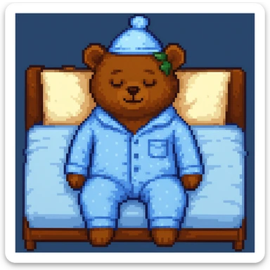A bear in pajamas, pixel art style, sleeping with a nightcap, with a hat sticker