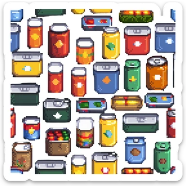Four pixelated canned food items in a row, different colored cans sticker
