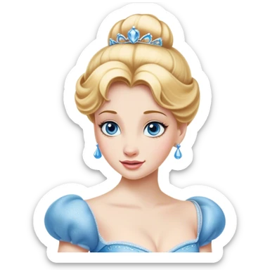 Cinematic Realistic Comical Cinderella Portrait, with every detail rendered realistically—from the soft, smooth texture of her fair skin to her artfully styled golden-blonde hair. Her bright blue eyes are wide with playful disbelief, and her expression carries a touch of whimsical humor while retaining elegant poise. Her classic ball gown, detailed with rich fabric textures and natural shadows, catches the light in a way that blends refined beauty with a hint of cheeky mischief, creating a striking, lifelike portrayal. sticker