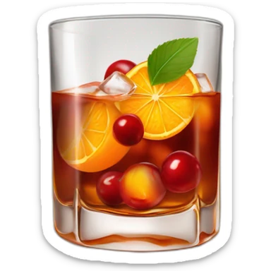 Short old fashioned glass, whiskey cocktail cherry, ice cubes, orange peel twist sticker