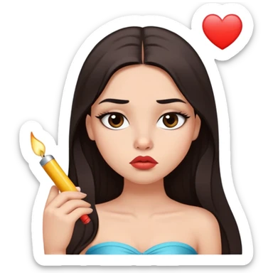 girl with lighter skin, dark brown long straight hair, pouty shiny lips without cupid's bow, large eyes, lighter button nose, long oval-shaped face, wearing a bandeau top sticker