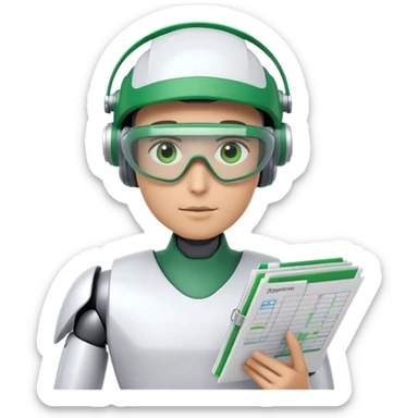 human like robot wearing  accountant Green eyeshade visor  and holding spreadsheets sticker