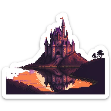 castle at sunset with warm orange and purple sky, dramatic lighting, no characters sticker