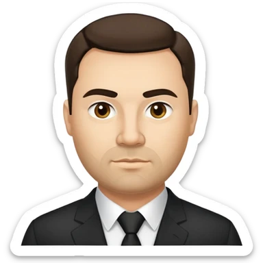 Very fuller-figured businessman with light brown complexion, pear-shaped face with wider jawline, professional demeanor, dark eyes, thick eyebrows, wide nose, short neat beard, short dark hair, wearing a black formal shirt sticker