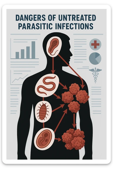 a man’s silhouette is filled with stylized images of parasites and tumor cells, connected by red lines or arrows to show cause and effect. The background features a medical chart or infographic about the dangers of untreated parasitic infections. The overall tone is serious and educational. sticker