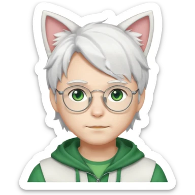 An anime guy with white hair, white cat ears, green eyes, and glasses, only head sticker