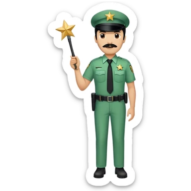 Chill guy in correctional officer green uniform. Full body. Black hair black mustache.  Light brown skin tone. Star badge. With duty belt and baton. Tan shirt with tie sticker
