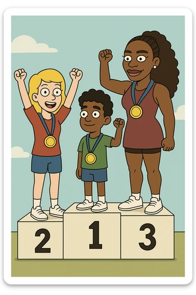 winners podium girl yellow hair Olympic Gold Medal a boy brown skin black Classic Curl hair Olympic Gold Medal Serena Williams Olympic Gold Medal  sticker