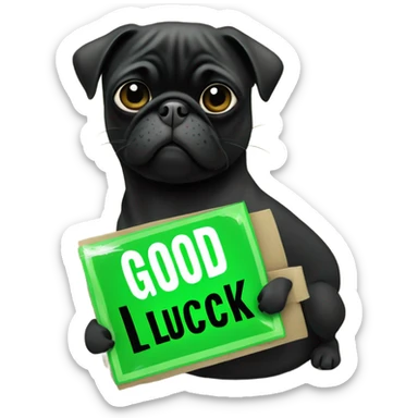 Black pug holding a green sign that says good luck  sticker