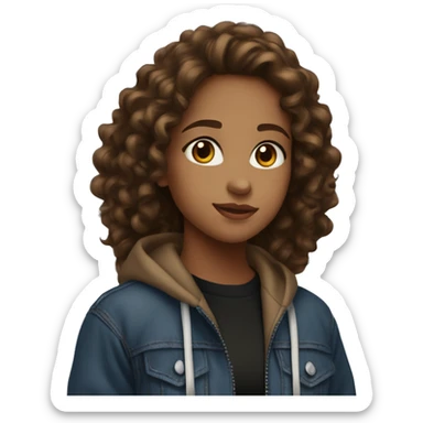 Girl with hazel eyes, tan skin, and long brown curly hair wearing a black zip up hoodie amd blue jeans  sticker
