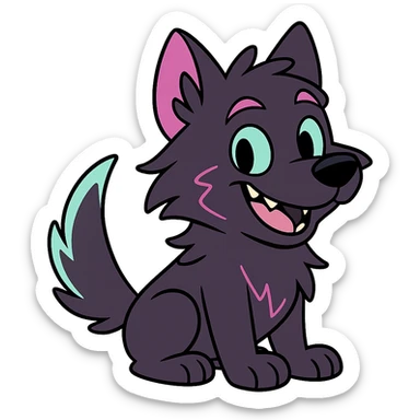 cute wolf pup with dark purple fur, neon mauve and neon teal highlights, grinning, comic style sticker