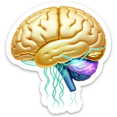Pearlescent capsule floating between a translucent glowing brain and a translucent liver. Golden waves of connection emanate from the brain, representing improved memory, clarity and neural communication. The entire scene has an ethereal glow showing the beneficial properties of choline. sticker
