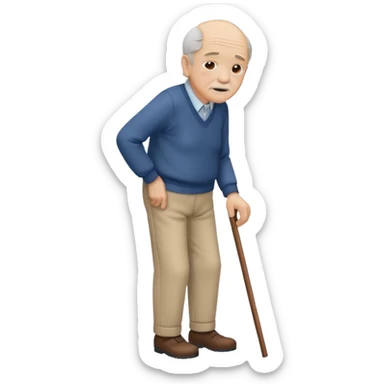 An old men leaning on a single cane walking with the other hand on his back to express back pain sticker