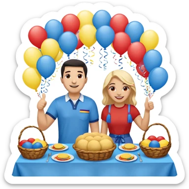 party table decorated with red blue and yellow colors, including a backdrops, balloons arch, streamers and more. On the table are intricate displays of colombian arepas, and baskets of money. In the forefront is a woman and man in simple clothing, big smiles and big thumbs up sticker